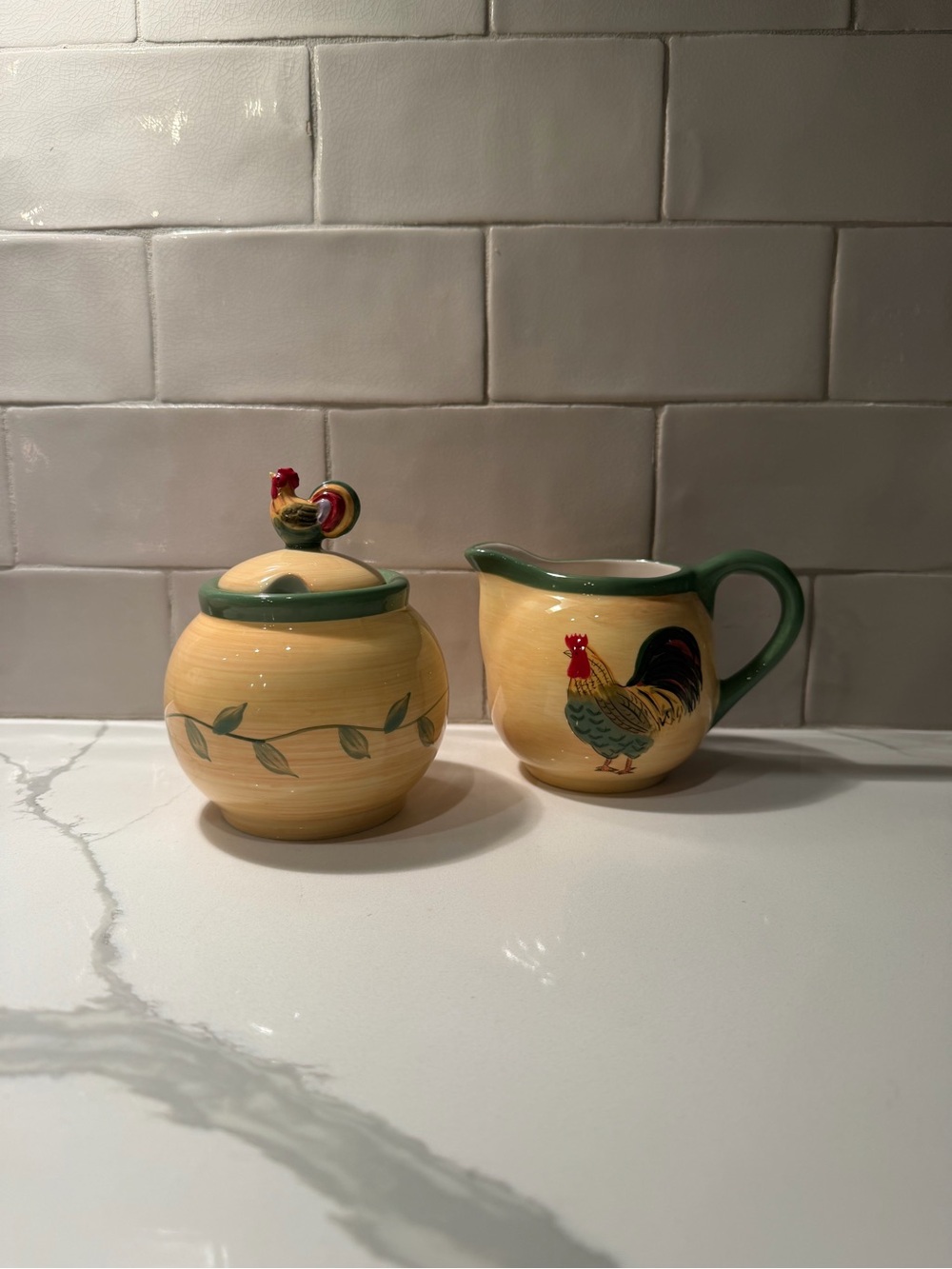 Pfaltzgraff Yellow and Green Rooster Creamer and Sugar Set